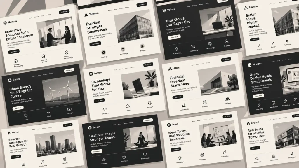 A collection of similar corporate brand identities showing visual uniformity