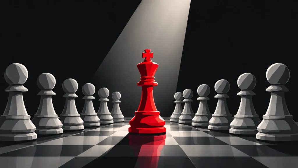 A single red chess piece among grey pieces representing intentional brand differentiation
