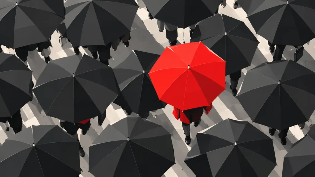 A bright red umbrella standing out among a crowd of dark umbrellas