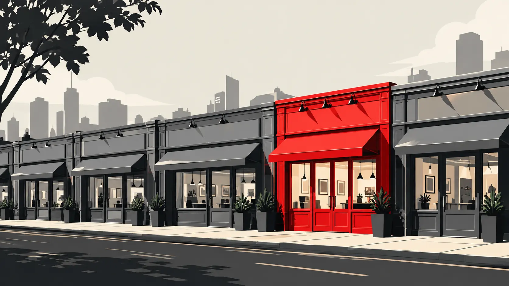 Your Brand LookA distinctive red storefront standing out among identical grey businesses.s Professional. So Does Everyone Else.